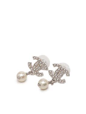 Chanel CC Logo Stud Earrings Silver Metal Faux Pearl